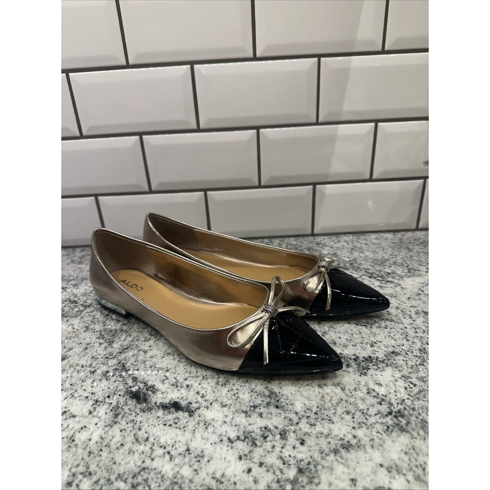 Aldo Shoes Women 8.5 Gold Black‎ Ballet Flats Pointed Toe Bow Leather New Office